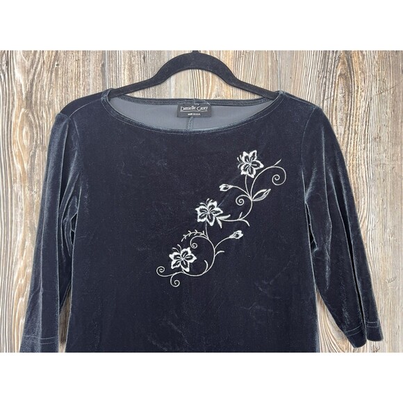 Vtg. Danielle Casey Dress S Black Velvet Midi Floral Embroidery Romantic Elegant - Picture 2 of 13